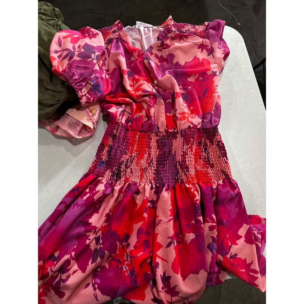 First Love by Lovelyn Secret Garden Floral Short Dress Pink Purple Smocked Small